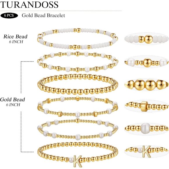 Beaded Initial Bracelets Set for Women Girls Gold Plated Stackable Jewelry - Picture 6 of 9